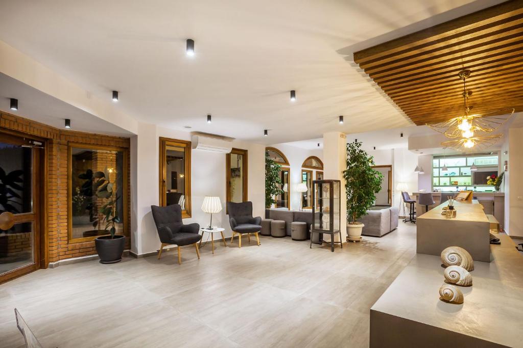 a living room with chairs and a couch and a table at Palladium Hotel in Kriopigi