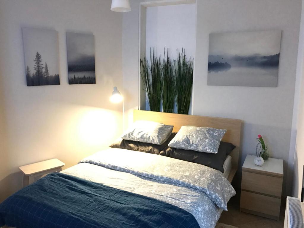 a bedroom with a bed with two pillows on it at Apartament Starówka in Zielona Góra