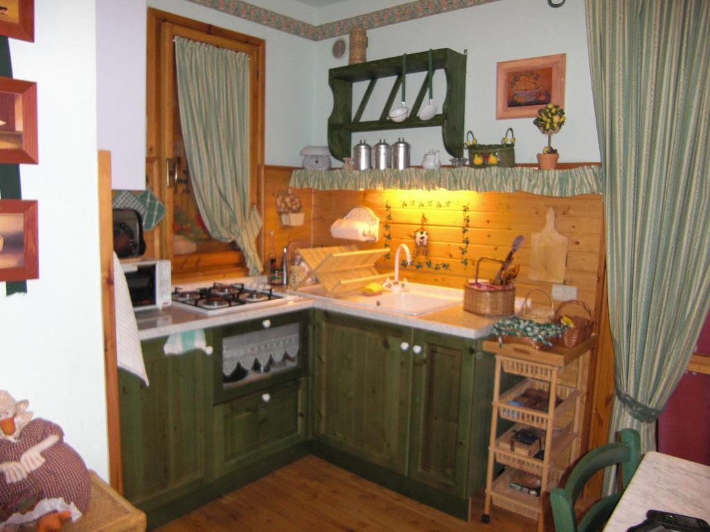 a kitchen with green cabinets and a sink at La Casetta delle Fate all'Abetone in Abetone