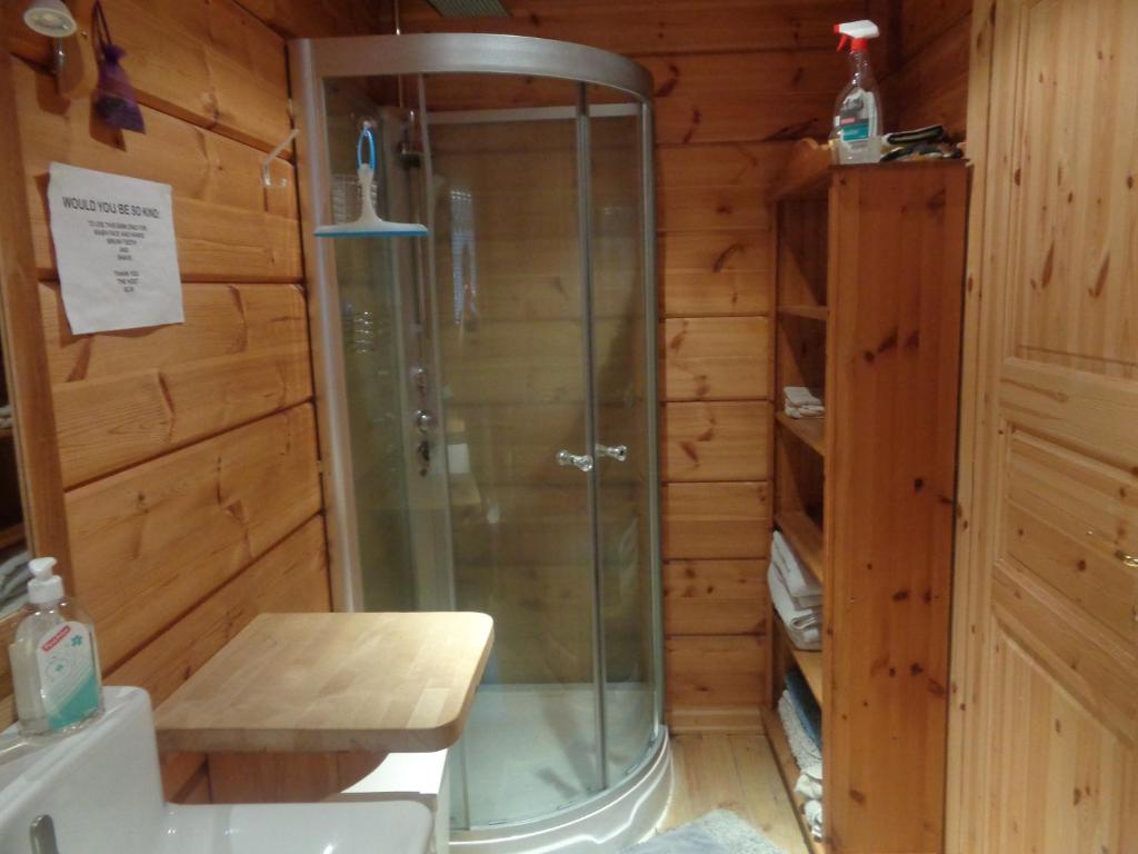 a shower in a bathroom with a wooden wall at Family Home in Fáskrúðsfjörður