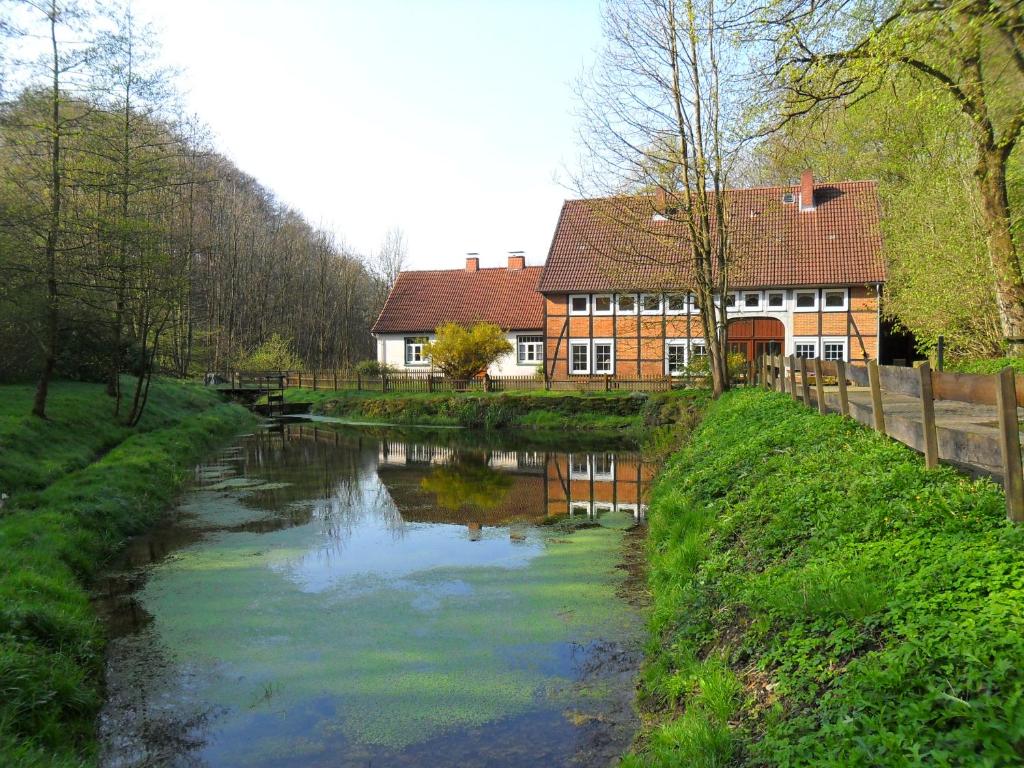 una casa y un río frente a un edificio en Ferienhaus Höllenmühle, en Hessisch Oldendorf