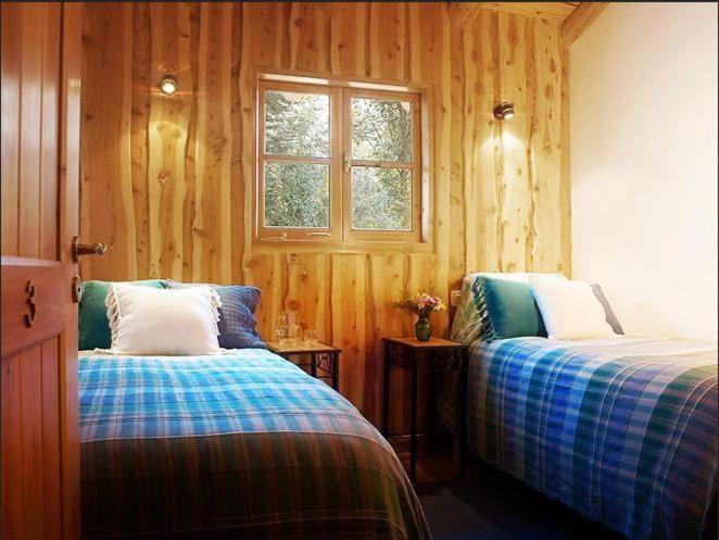 1 dormitorio con 2 camas y ventana en La Confluencia Lodge en El Bolsón