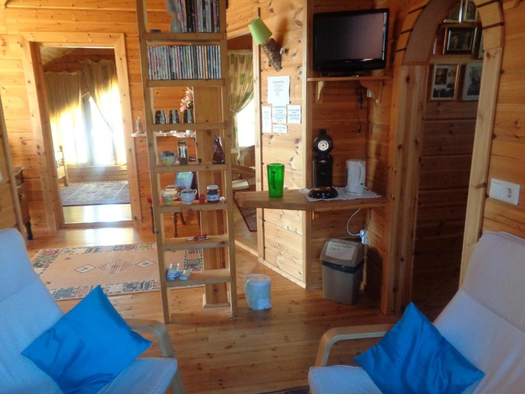 a living room of a log cabin with a tv at Family Home in Fáskrúðsfjörður