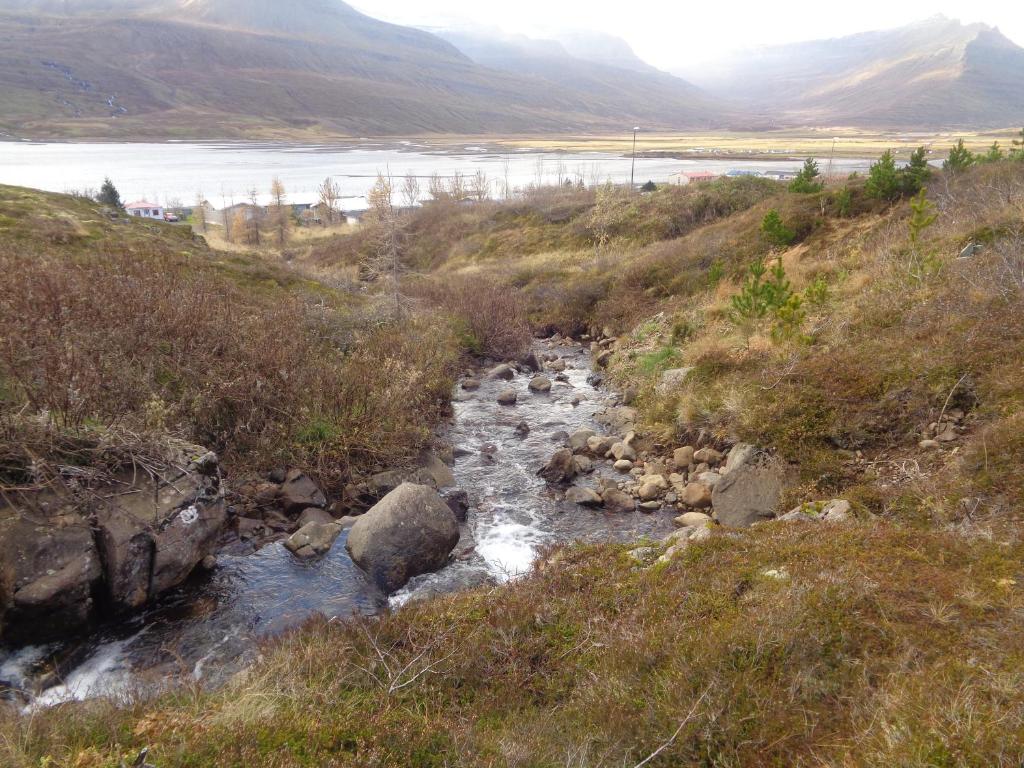 a stream of water on a hill with a river at Family Home in Fáskrúðsfjörður