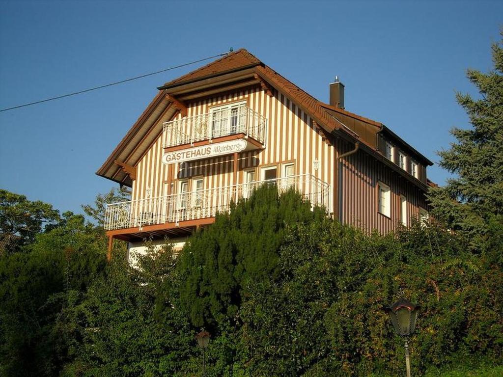 ein großes Holzgebäude auf einem Hügel in der Unterkunft Hotel & Restaurant Weinberg in Baden-Baden