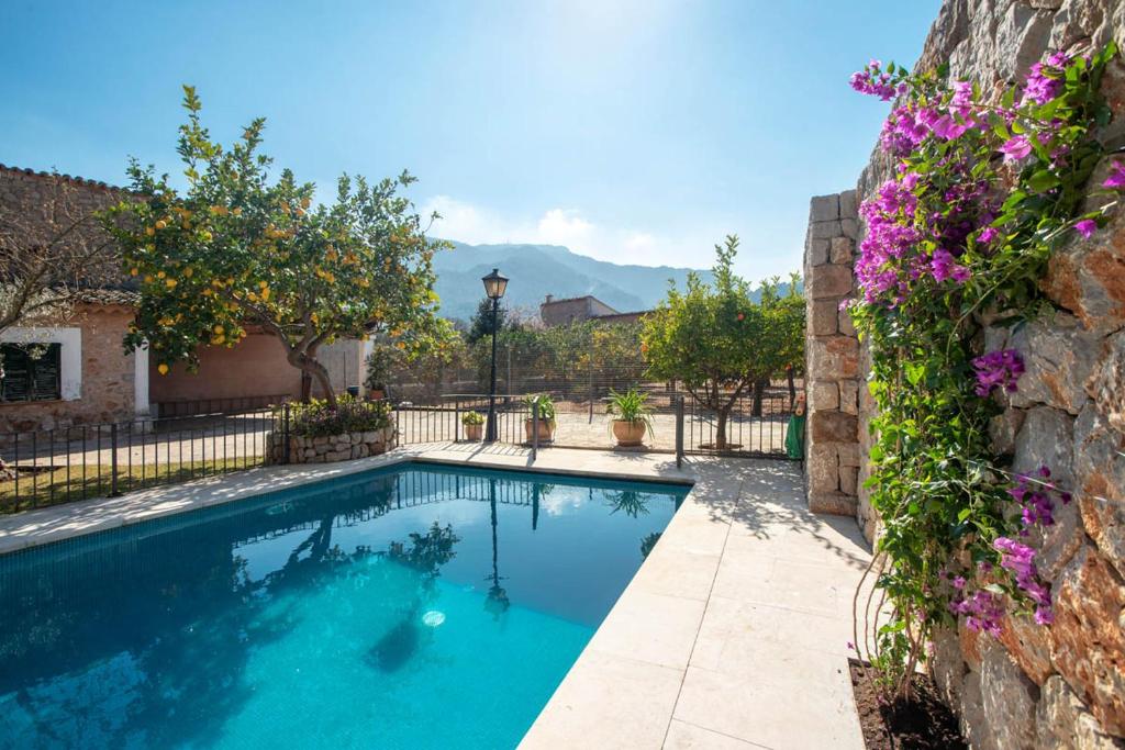 a swimming pool in a yard with purple flowers at Ca’n Roega in Sóller