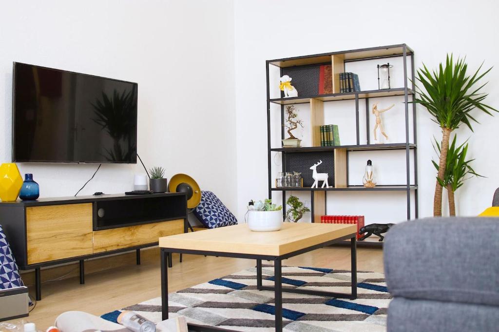 un salon avec une télévision et une table basse dans l'établissement Appart Faubourg St Pierre, à Nancy