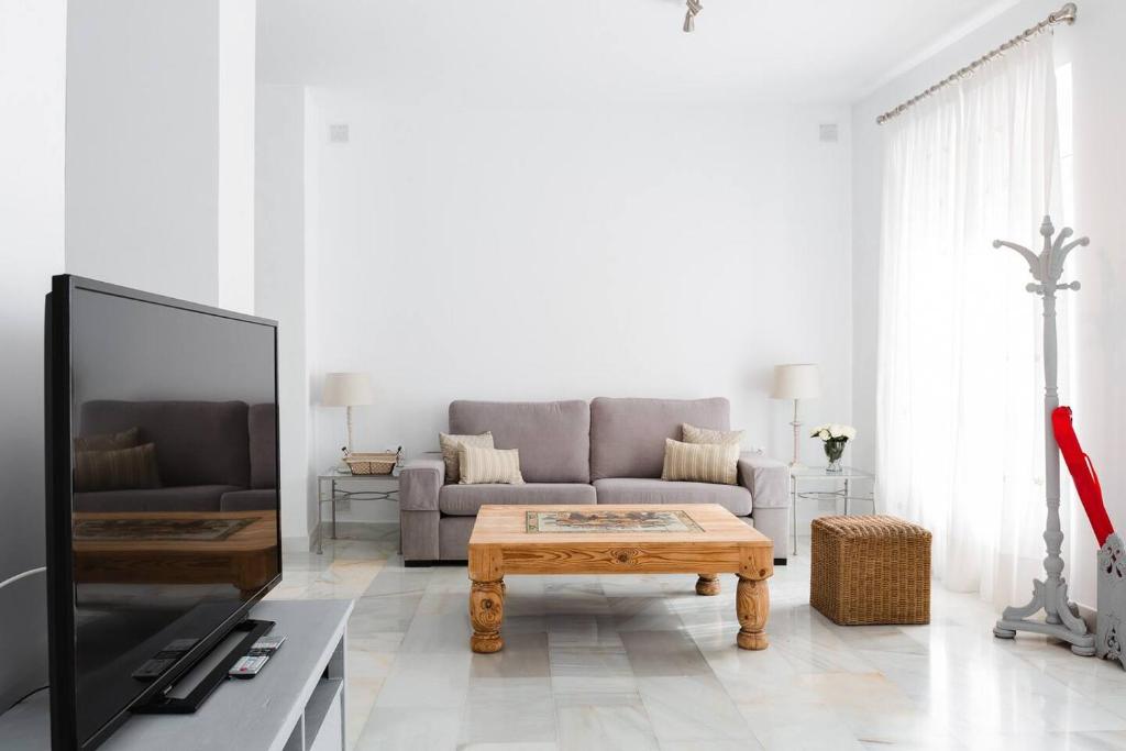 Televízia a/alebo spoločenská miestnosť v ubytovaní Loft en primera linea del paseo marítimo