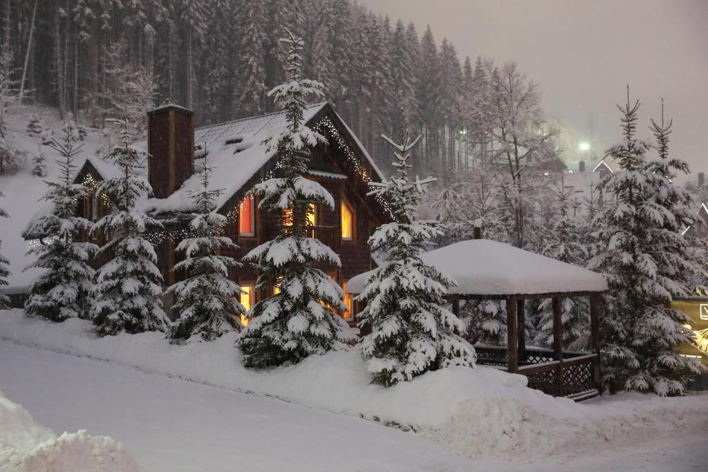 a house covered in snow with trees and a gazebo at Bukovel Hotel in Bukovel