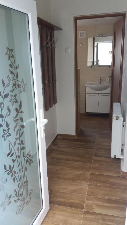 a bathroom with a glass door with a sink at garsoniera Ștefi in Eforie Sud