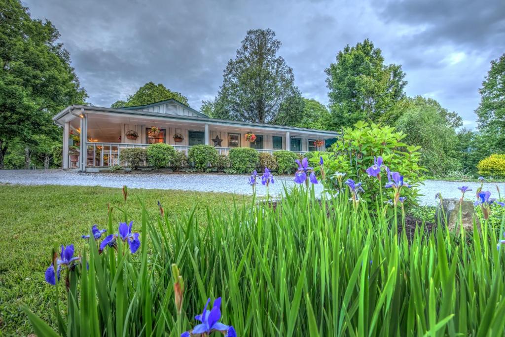 une maison avec des fleurs violettes dans la cour dans l'établissement Linville Falls Lodge & Cottages, à Linville Falls