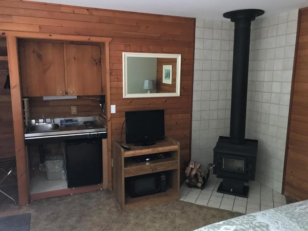a kitchen with a stove and a tv in a room at Driftwood Village Resort in Sturdies Bay