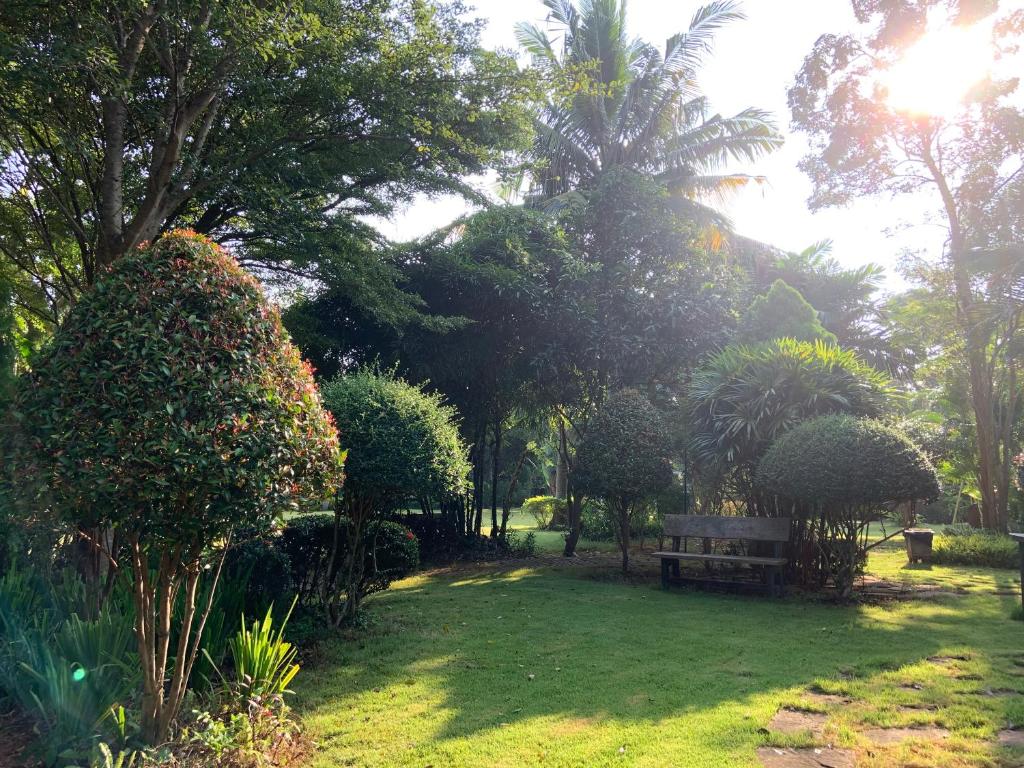 ein Park mit einer Bank im Gras mit Bäumen in der Unterkunft Khao Yai Cottage in Mu Si