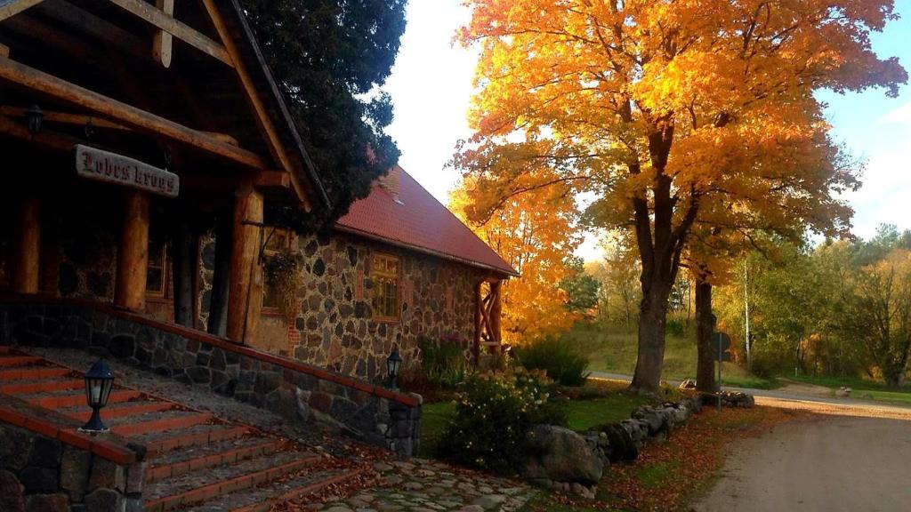 a stone building with a tree next to a street at Lobes Krogs in Gobas