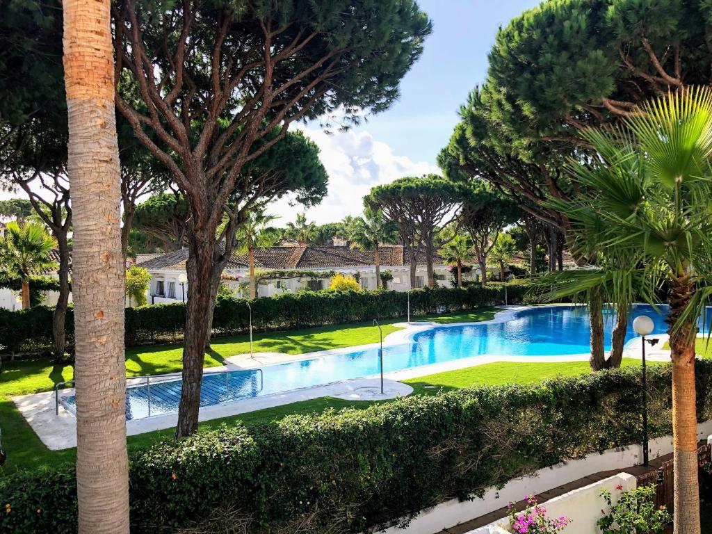a swimming pool in a resort with trees and bushes at Apartamento Zinna in Chiclana de la Frontera
