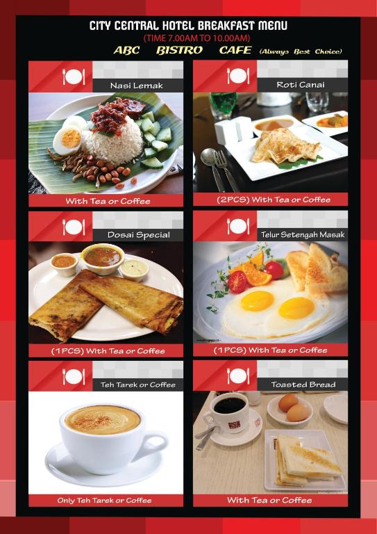 A graphic breakfast menu showing several Malaysian and continental choices.