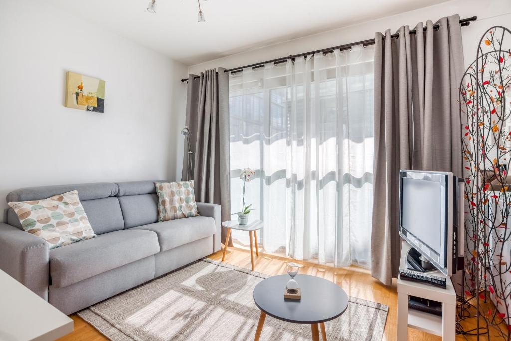 a living room with a couch and a tv at Lyon Confluence - Superbe pied à terre avec parking privé en option in Lyon