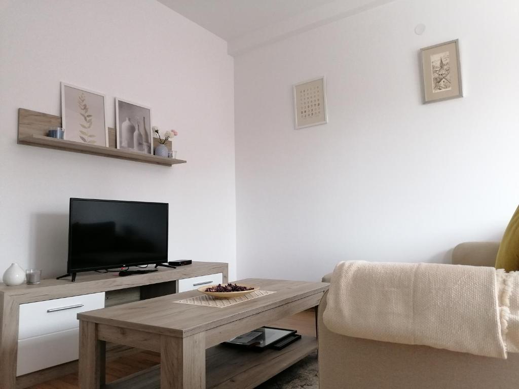 ein Wohnzimmer mit einem TV und einem Couchtisch in der Unterkunft Apartman Alto in Belgrad