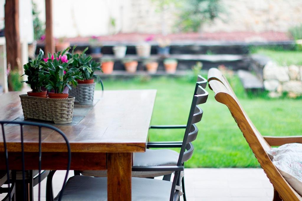 une table en bois avec des plantes en pot sur une terrasse couverte dans l'établissement La Posada de las Casitas, à Ampudia