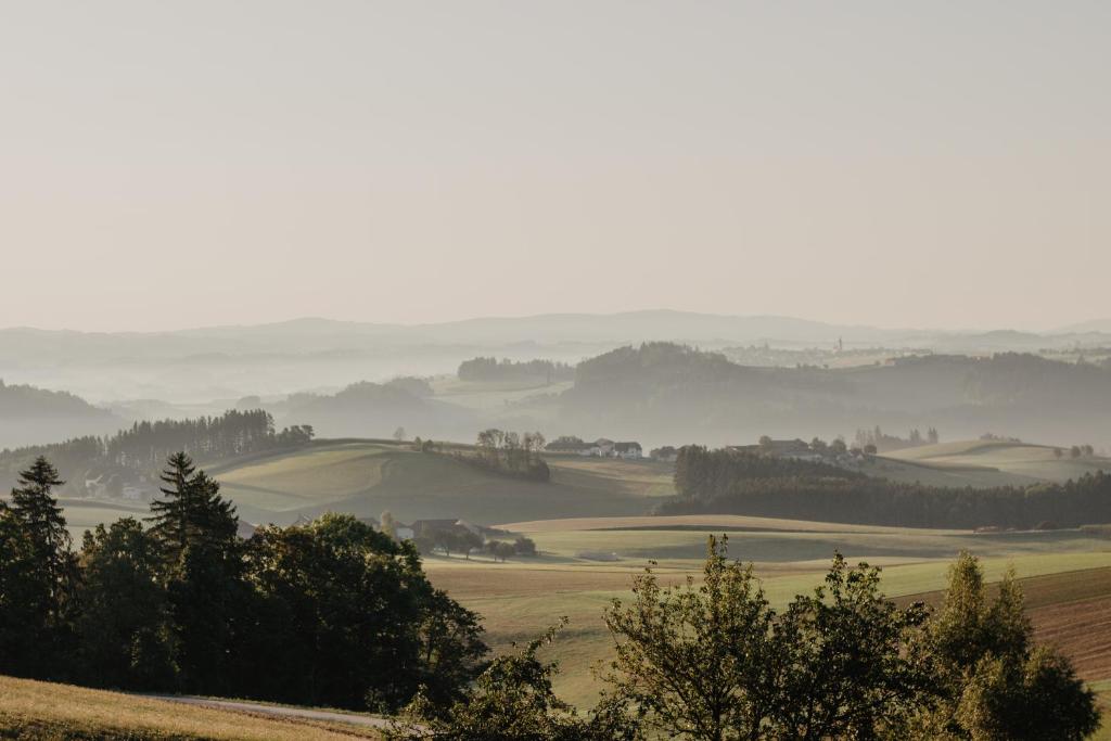 a misty field with trees and hills in the distance at Ferienwohnung im Mühlviertler Panorama Vierseithof in Lembach im Mühlkreis