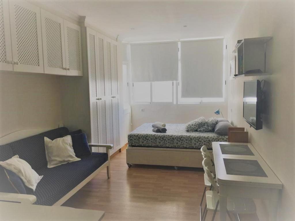 ラスパルマス・デ・グランカナリアにあるMini Flatのベッド1台とソファが備わる小さな客室です。