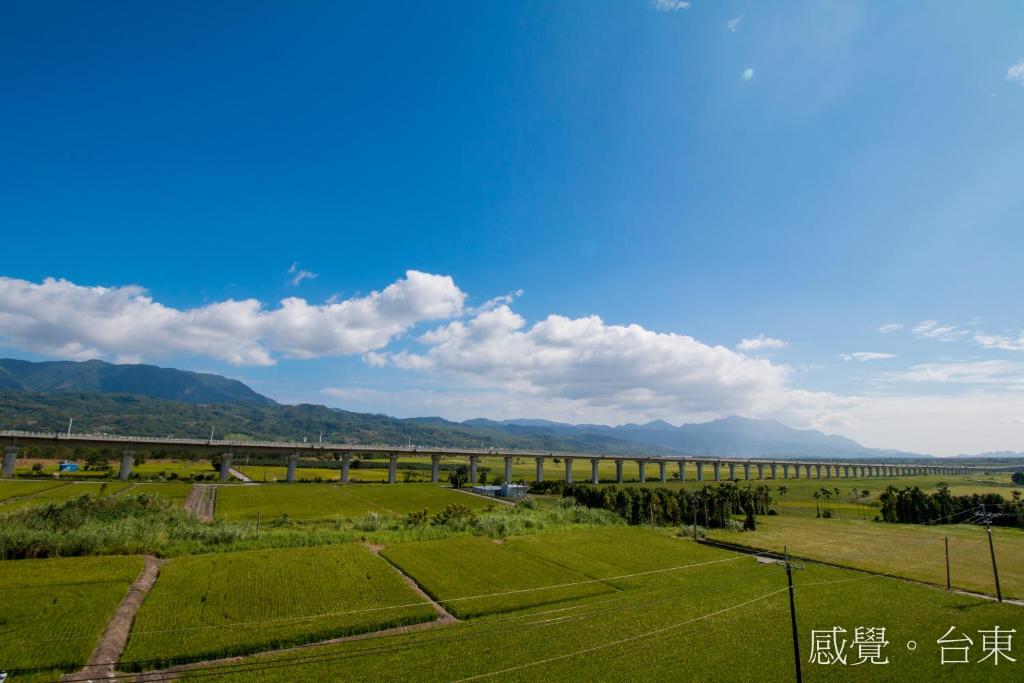 a large irrigated field with a bridge in the background at Fu Taitung Homestay in Taitung City