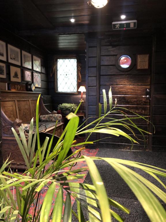a room with a table and some plants in it at Den Röda Båten in Stockholm