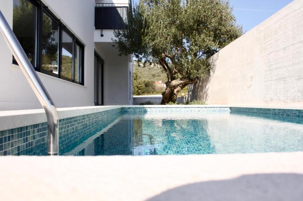 a swimming pool in front of a house at Domo Oliveto in Vinišće