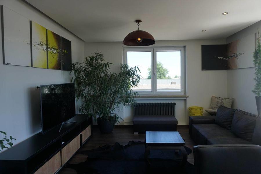 MitZeit 3 - 95qm inklusive Balkon في اوغسبورغ: غرفة معيشة مع أريكة وحوض أسماك