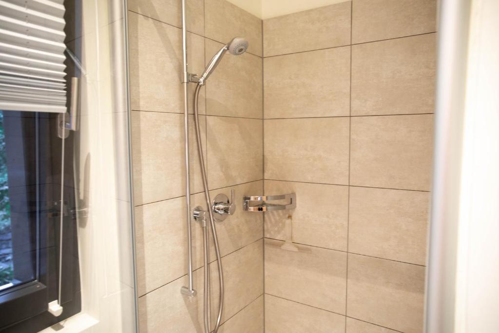 a shower stall with a glass door in a bathroom at Luxury loft on top of Villa Wilen with tremendous views by the lake in Sarnen