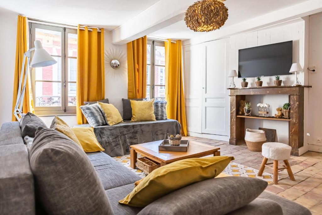ein Wohnzimmer mit einem Sofa und einem TV in der Unterkunft LE BALDAQUIN / Les Suites Romantiques Honfleur in Honfleur