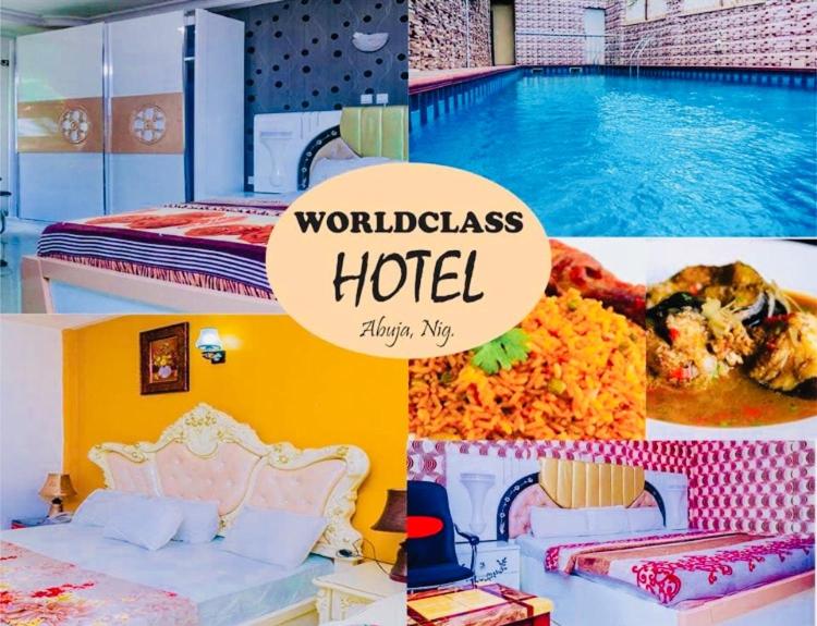 a collage of pictures of a hotel with a pool at World Class Hotel & Apartments in Abuja