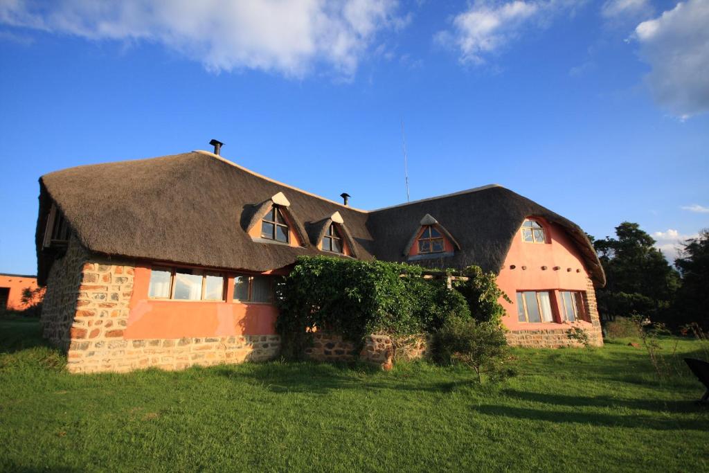 une maison avec un toit de chaume sur un champ dans l'établissement Antbear Eco Lodge Drakensberg, à Emhubeni