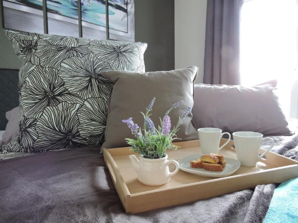 ein Tablett mit zwei Tassen und einem Teller Essen auf einer Couch in der Unterkunft Appartement - Haus Winterberg in Winterberg