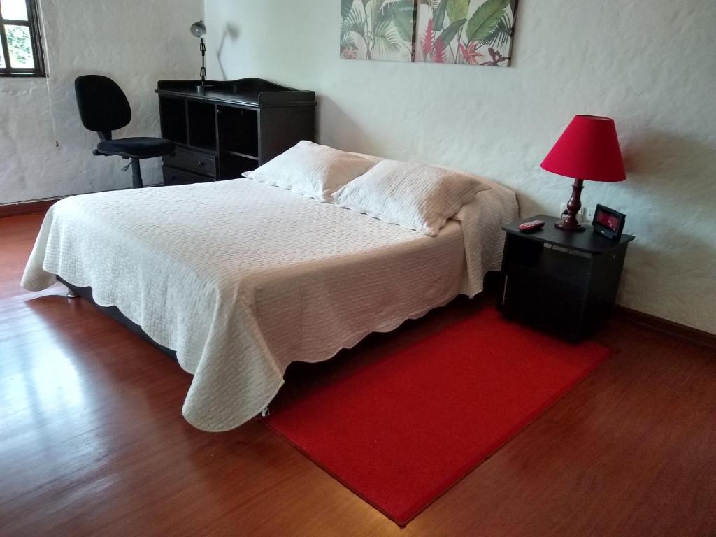 1 dormitorio con 1 cama con alfombra roja y lámpara en Casa Turística Camitas Inn, en Bogotá