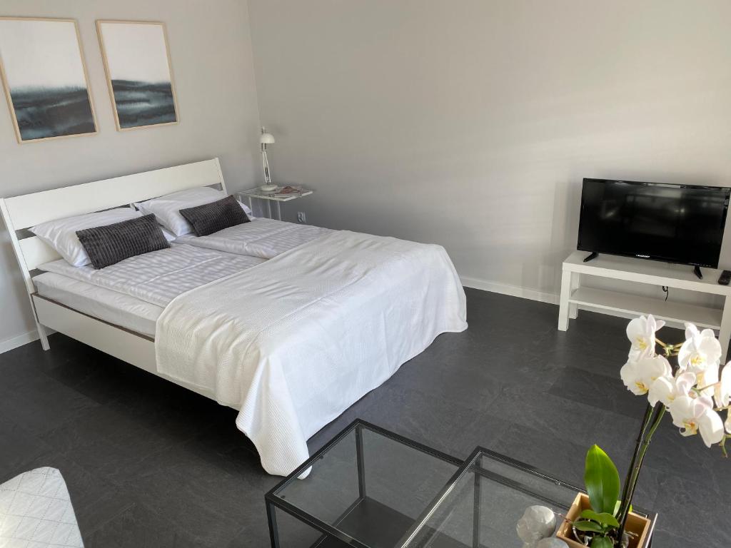 a white bedroom with a bed and a tv at APARTAMENT ŚMIAŁEGO 9 in Świdnica