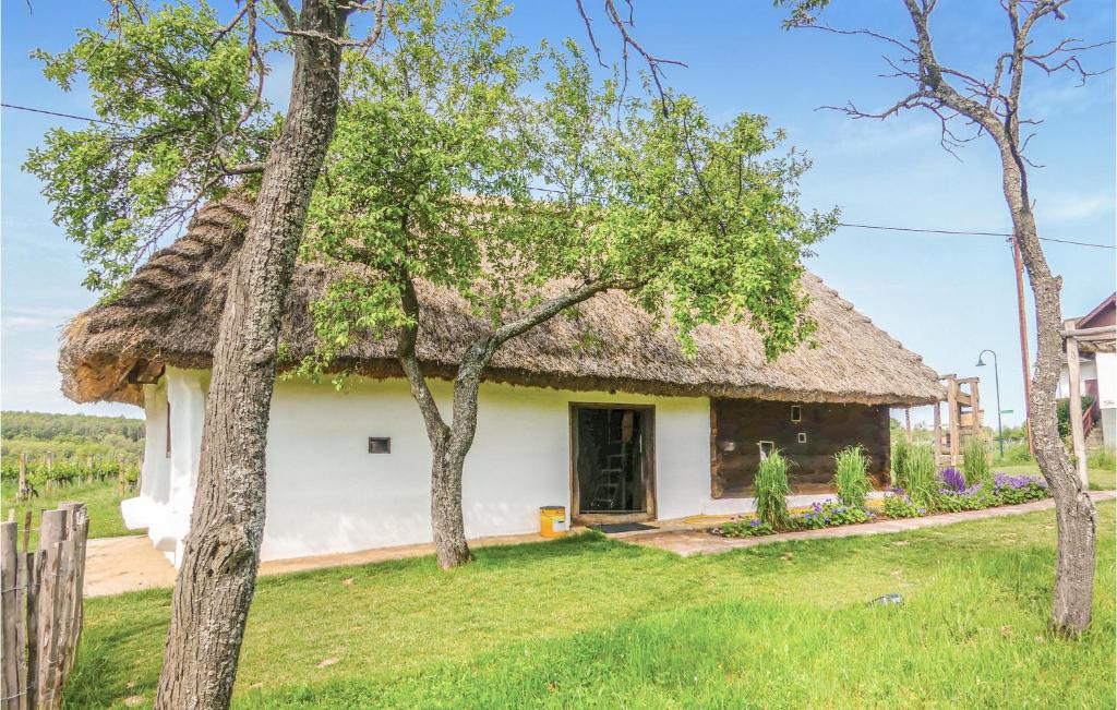 uma casa com um telhado de palha com um quintal em Ferienhaus Deutsch Schuetzen em Eisenberg an der Pinka