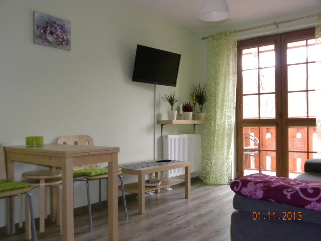 Televízia a/alebo spoločenská miestnosť v ubytovaní Apartament U Anny