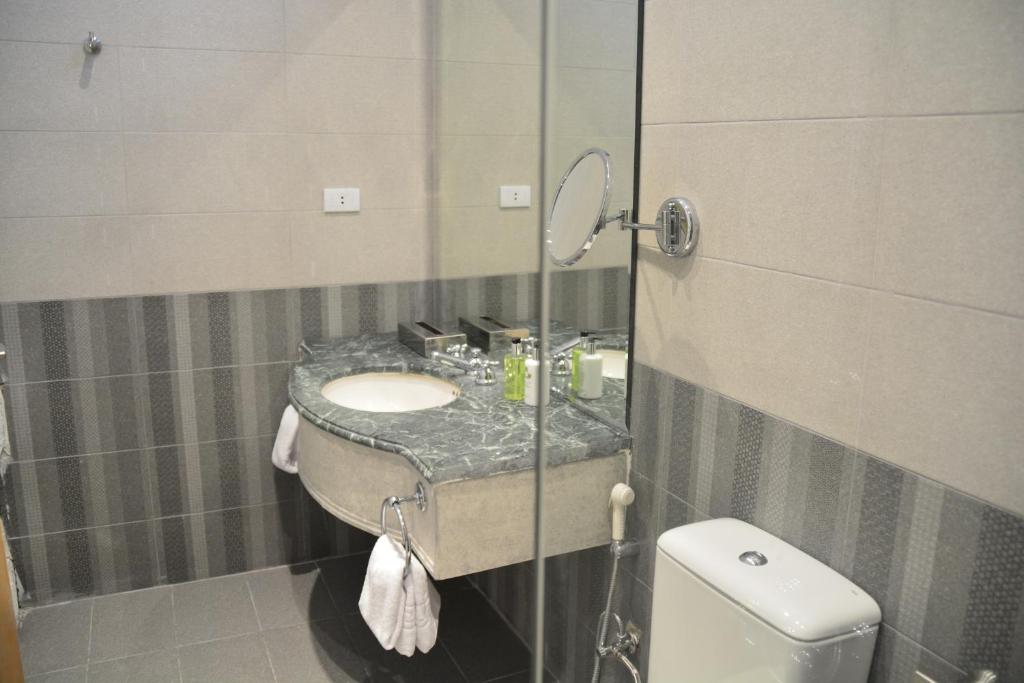 a bathroom with a sink and a mirror and a toilet at The Y Hotel in Amman