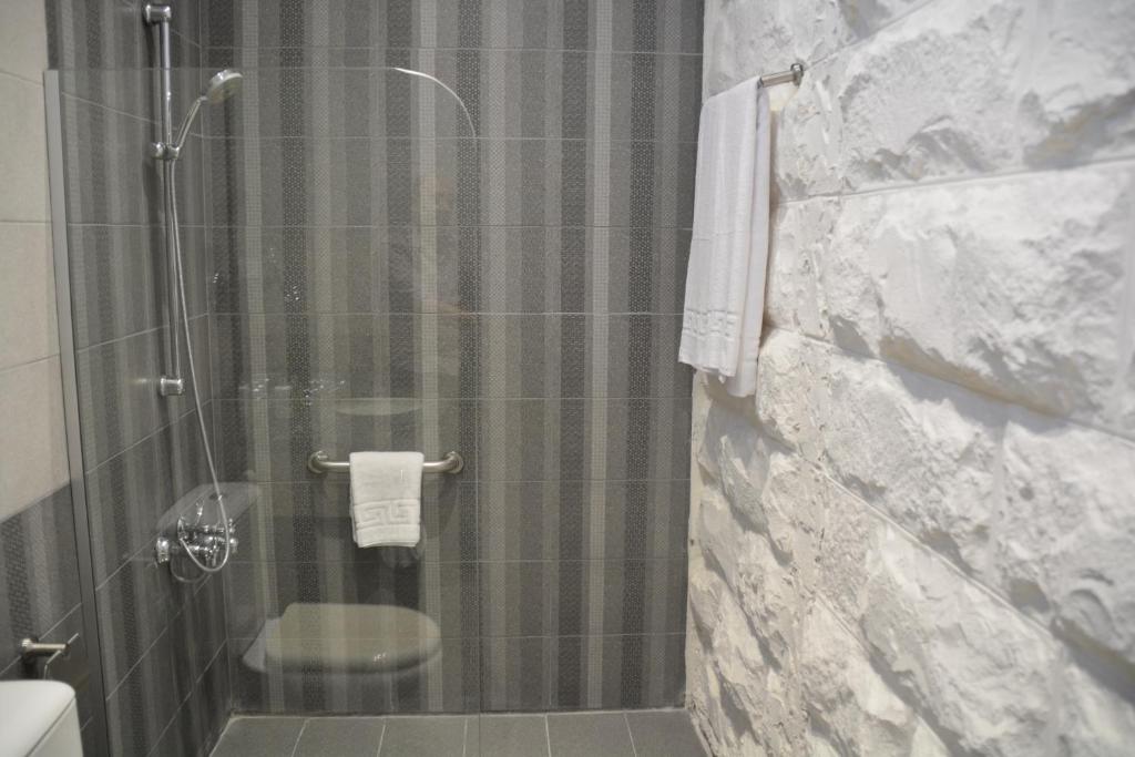 a bathroom with a shower with a toilet at The Y Hotel in Amman