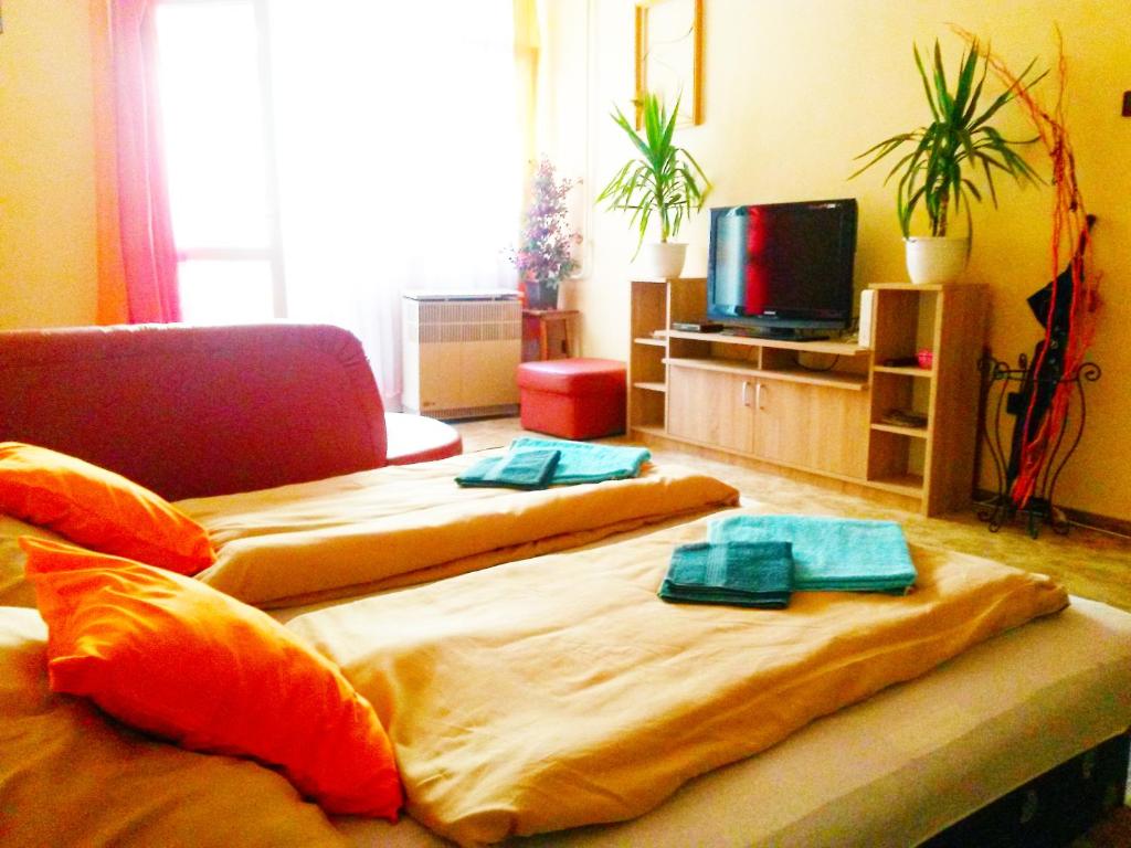 two beds in a living room with towels on them at Calm&Sweet Budapest Apartment in Budapest