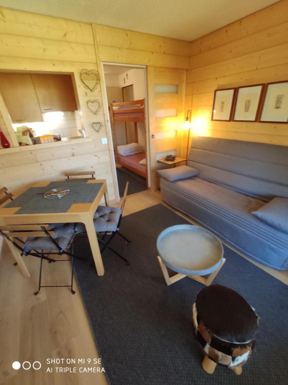 um quarto com uma cama, uma mesa e um sofá em LES CHATAIGNIERS GRIS em Isola 2000