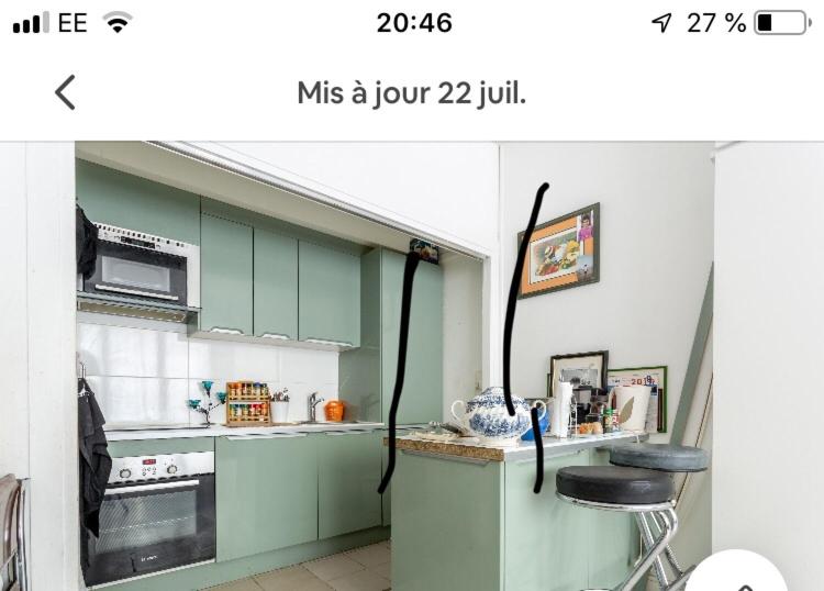 une cuisine avec des placards verts et un comptoir avec un tabouret dans l'établissement Nid douillet et chaleureux pour se détendre, à Paris