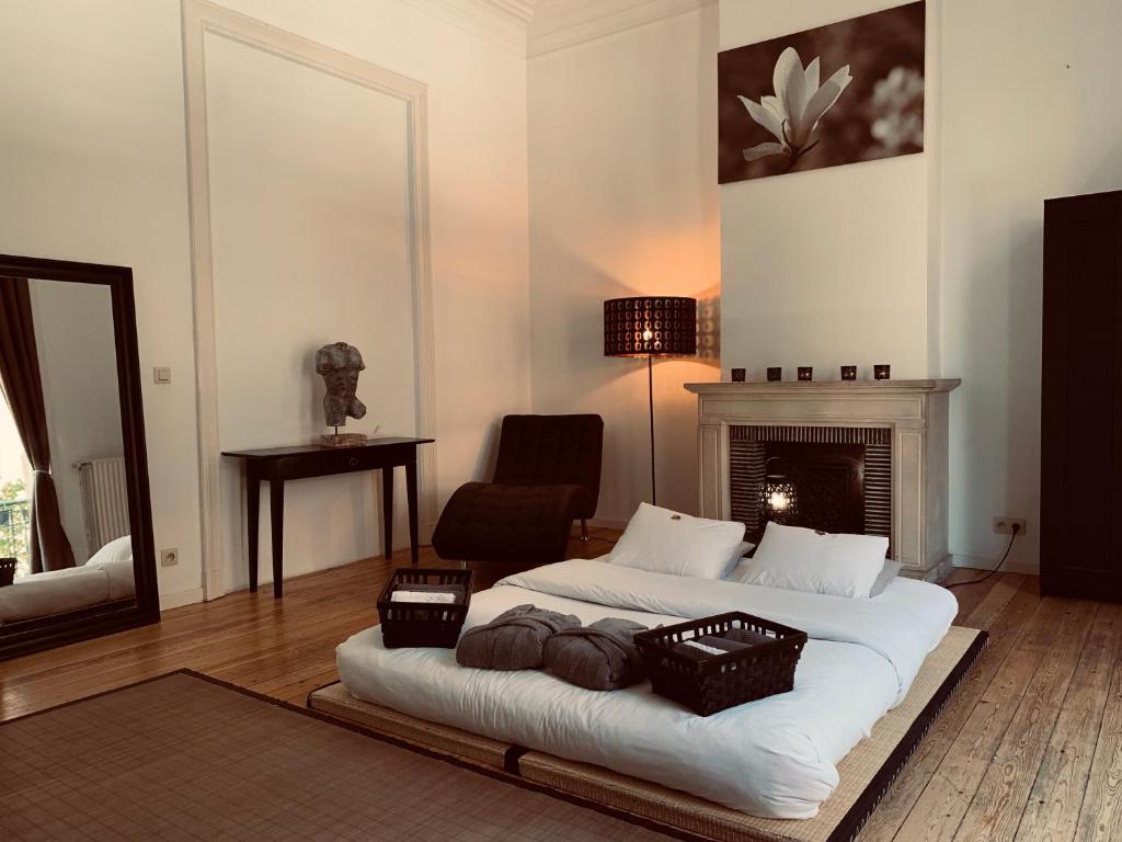 una camera con un grande letto e un camino di Chic Cocoon Guest House a Bruxelles