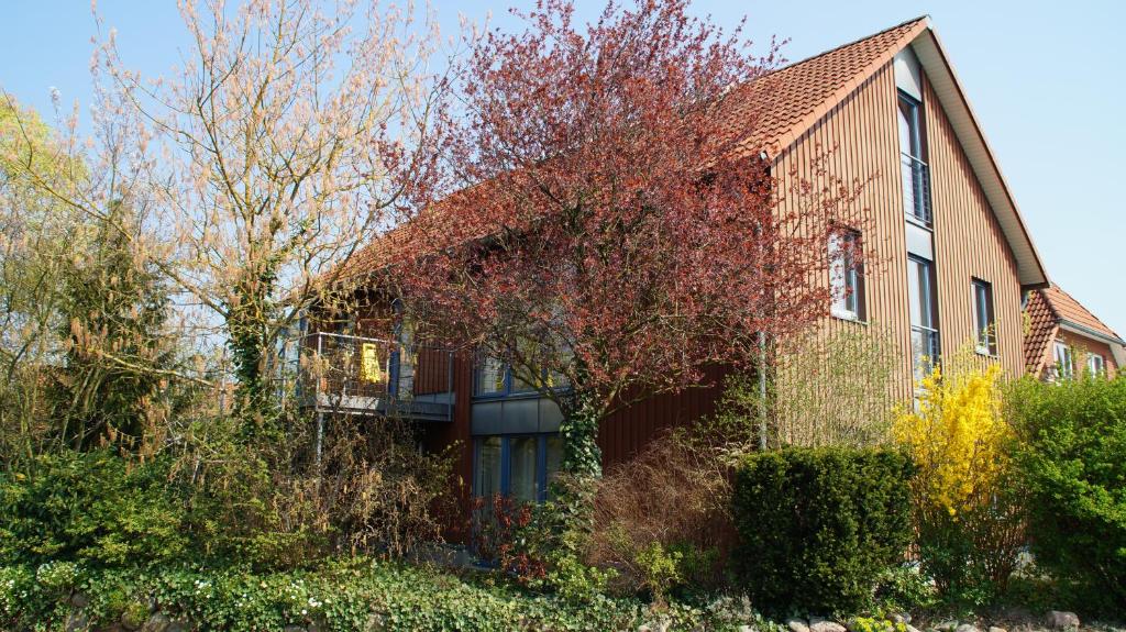 una casa con un albero rosso davanti di Gästehaus/FeWos/Boardinghaus Lüneburg Süd a Lüneburg