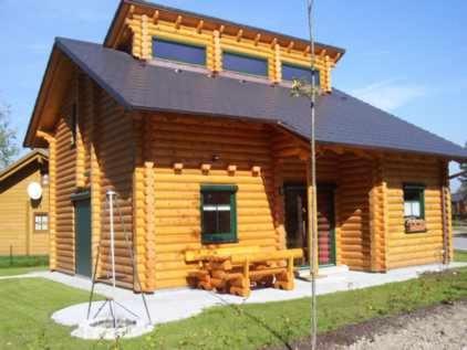 eine Blockhütte mit einem Picknicktisch davor in der Unterkunft Blockbohlenhaus in Wackersdorf