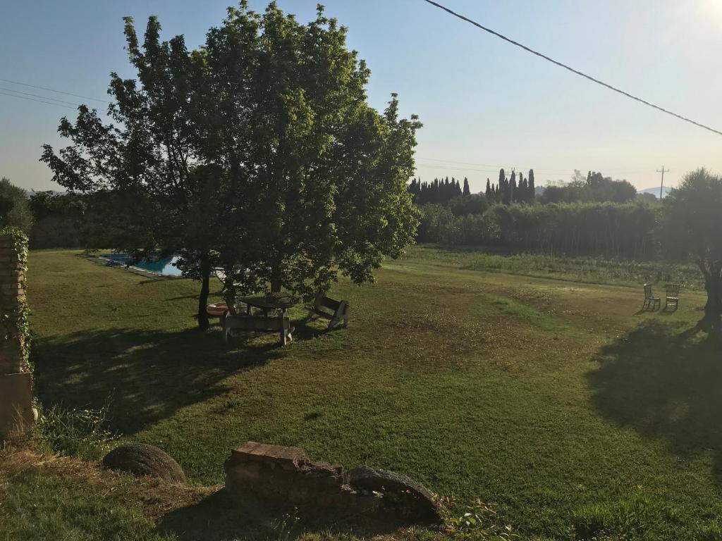 un parc avec des bancs et un arbre dans un champ dans l'établissement La Caseta del Mas Valls, à Rupiá