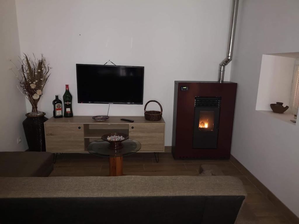 sala de estar con TV y chimenea en CASA TITA, en Lavacolhos