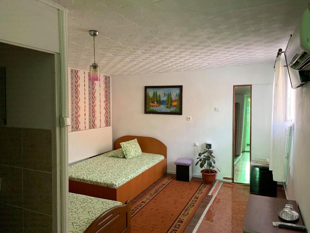 a small bedroom with two beds and a mirror at Casa Pitaru in Calafat