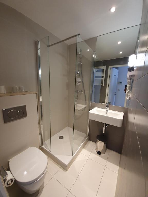 a white toilet sitting next to a shower in a bathroom at Hôtel De La Herse d'Or in Paris